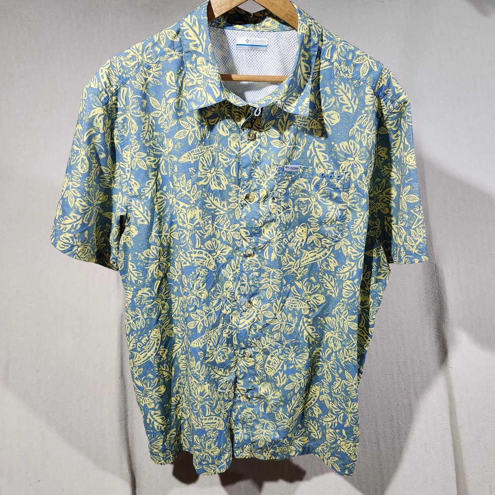 Columbia PFG Mens Blue Yellow Tropical Fish Print Vented Fishing Shirt Large